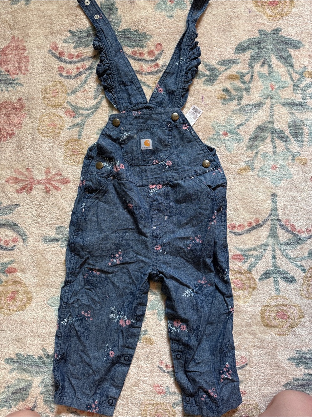 Carhartt Navy Denim Floral Ruffle-Strap Toddler Overalls